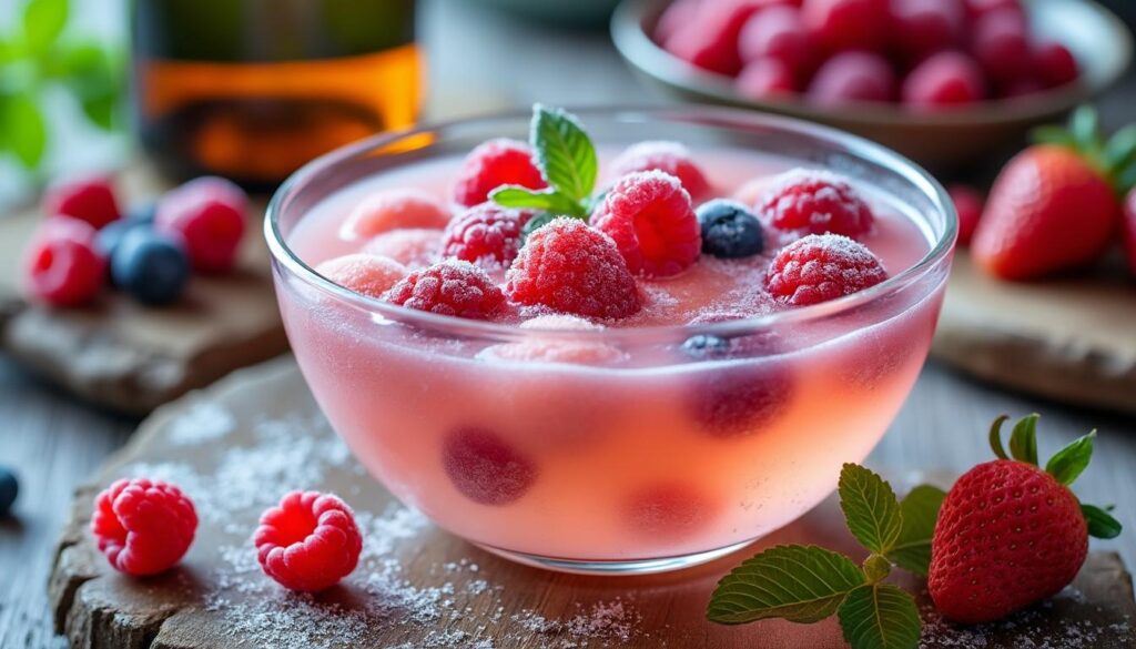 découvrez une recette facile de soupe de champagne aux fruits rouges surgelés, parfaite pour une entrée fraîche et festive.