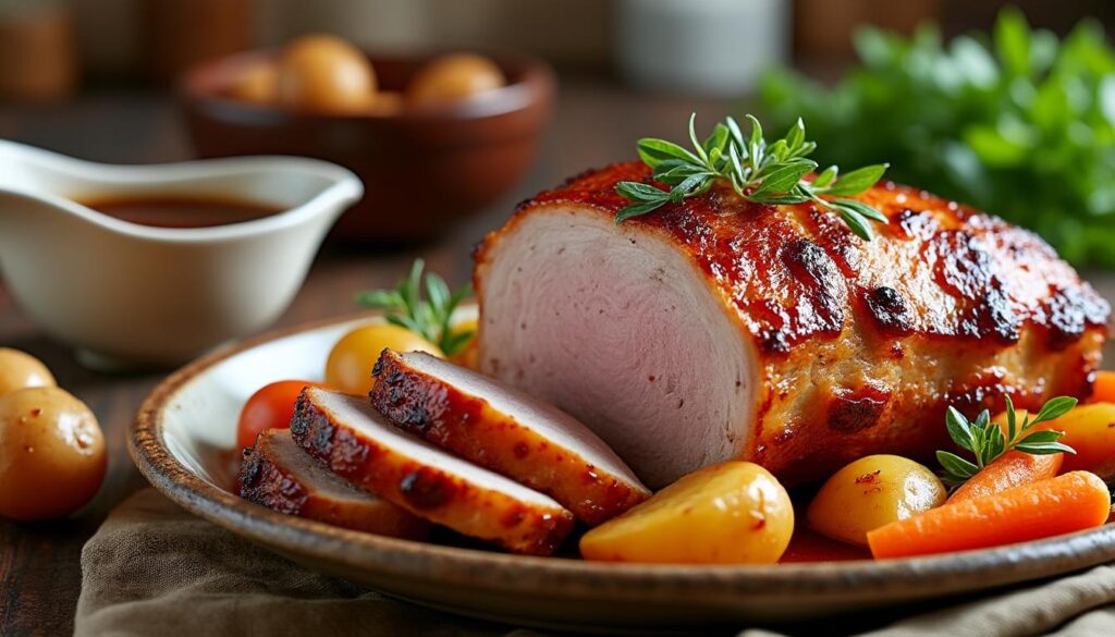 découvrez une recette facile et rapide de rôti de porc au cookeo, sublimé par un fond de veau savoureux pour un plat tendre et délicieux.
